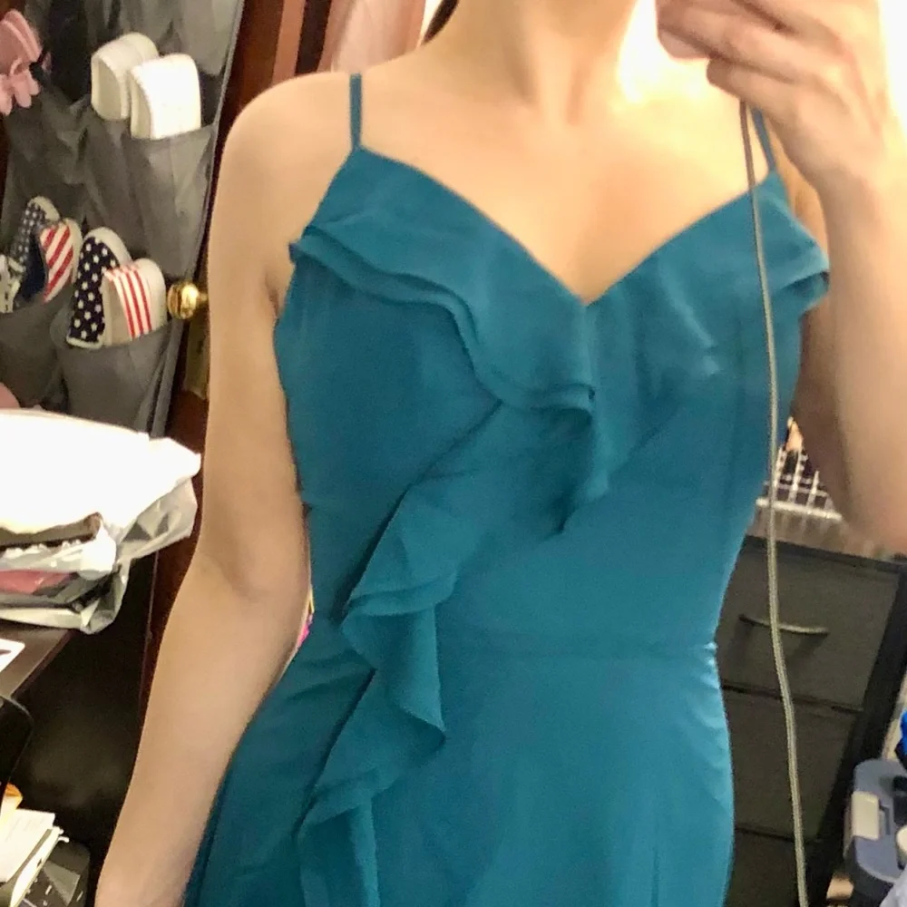 NEW Sheath / Column V-Neck Floor-Length Formal Dress w/ Ruffles - Picture 10 of 14